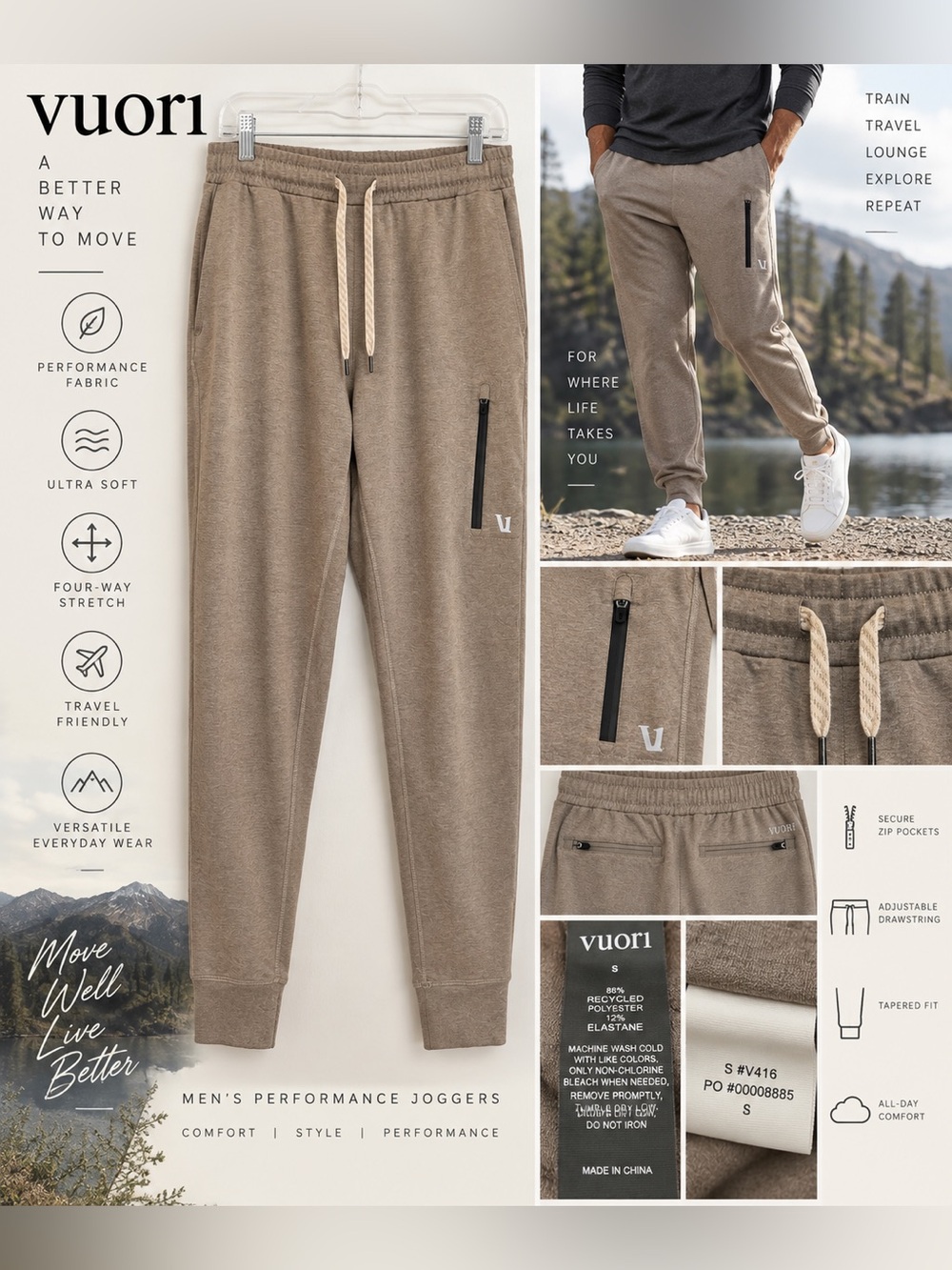 NWOT Vuori Men’s Performance Joggers Small Heathered Taupe Brown Zip Pockets